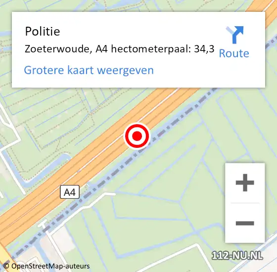 Locatie op kaart van de 112 melding: Politie Zoeterwoude, A4 hectometerpaal: 34,3 op 2 mei 2022 17:33