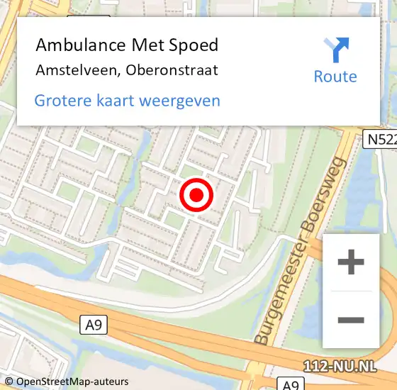 Locatie op kaart van de 112 melding: Ambulance Met Spoed Naar Amstelveen, Oberonstraat op 2 mei 2022 18:05