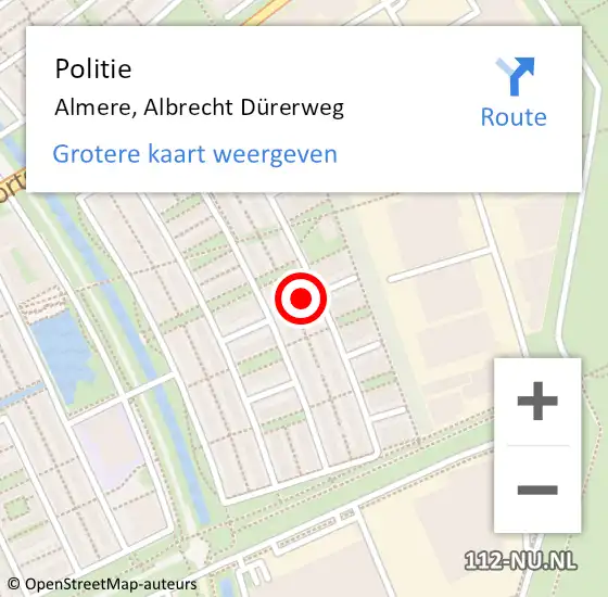 Locatie op kaart van de 112 melding: Politie Almere, Albrecht Dürerweg op 2 mei 2022 18:43