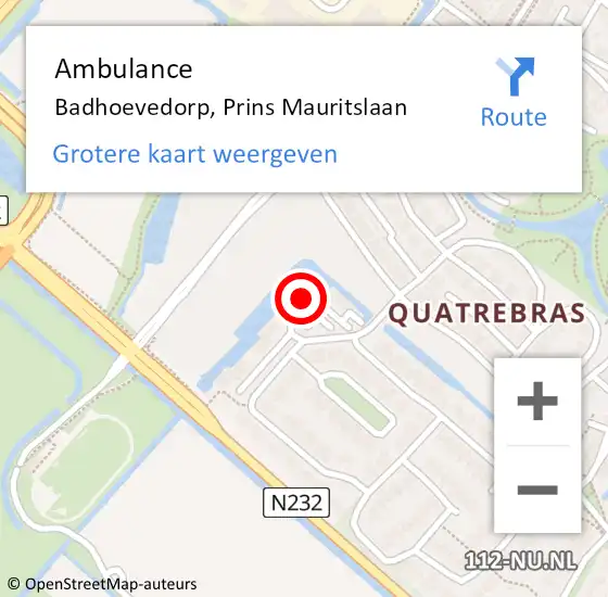 Locatie op kaart van de 112 melding: Ambulance Badhoevedorp, Prins Mauritslaan op 2 mei 2022 19:49