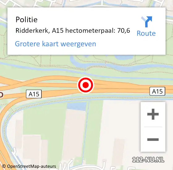 Locatie op kaart van de 112 melding: Politie Ridderkerk, A15 hectometerpaal: 70,6 op 2 mei 2022 21:10