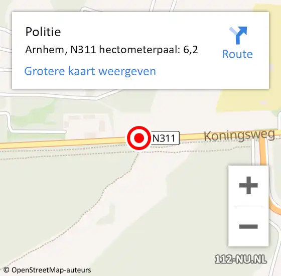 Locatie op kaart van de 112 melding: Politie Arnhem, N311 hectometerpaal: 6,2 op 2 mei 2022 21:58