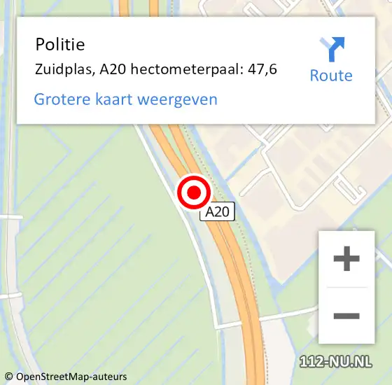 Locatie op kaart van de 112 melding: Politie Zuidplas, A20 hectometerpaal: 47,6 op 2 mei 2022 22:08