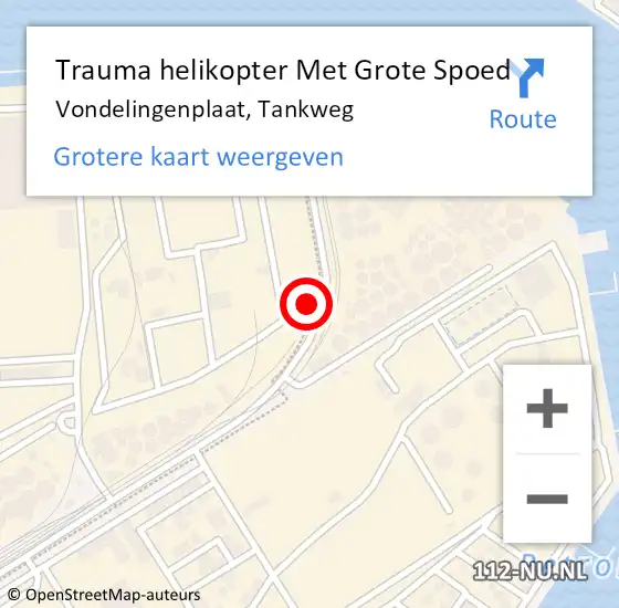 Locatie op kaart van de 112 melding: Trauma helikopter Met Grote Spoed Naar Vondelingenplaat, Tankweg op 2 mei 2022 23:25