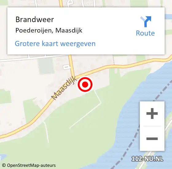 Locatie op kaart van de 112 melding: Brandweer Poederoijen, Maasdijk op 3 mei 2022 00:07