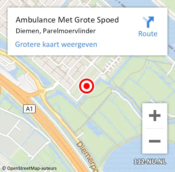 Locatie op kaart van de 112 melding: Ambulance Met Grote Spoed Naar Diemen, Parelmoervlinder op 3 mei 2022 00:16