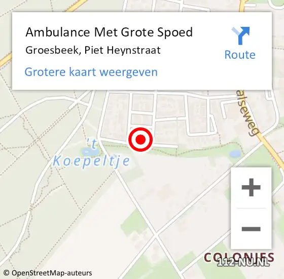 Locatie op kaart van de 112 melding: Ambulance Met Grote Spoed Naar Groesbeek, Piet Heynstraat op 3 mei 2022 02:26