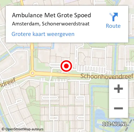 Locatie op kaart van de 112 melding: Ambulance Met Grote Spoed Naar Amsterdam-Zuidoost, Schonerwoerdstraat op 3 mei 2022 10:21