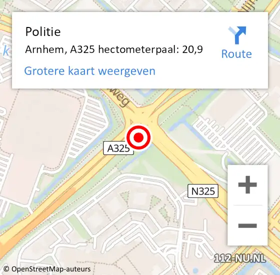Locatie op kaart van de 112 melding: Politie Arnhem, A325 hectometerpaal: 20,9 op 3 mei 2022 10:56