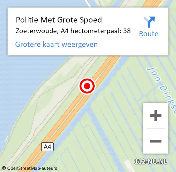 Locatie op kaart van de 112 melding: Politie Met Grote Spoed Naar Zoeterwoude, A4 hectometerpaal: 38 op 3 mei 2022 11:45