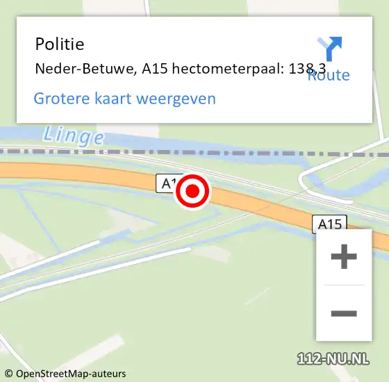 Locatie op kaart van de 112 melding: Politie Neder-Betuwe, A15 hectometerpaal: 138,3 op 3 mei 2022 12:29