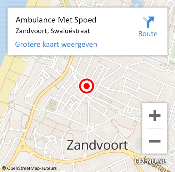 Locatie op kaart van de 112 melding: Ambulance Met Spoed Naar Zandvoort, Swaluëstraat op 3 mei 2022 12:49