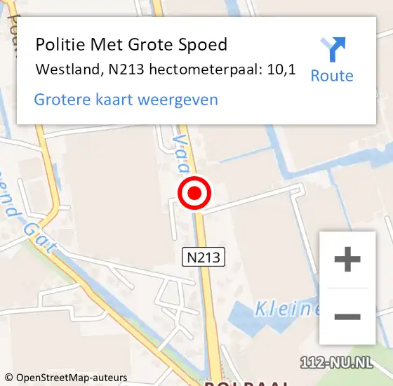 Locatie op kaart van de 112 melding: Politie Met Grote Spoed Naar Westland, N213 hectometerpaal: 10,1 op 3 mei 2022 12:55