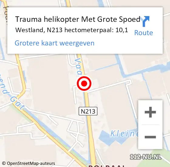 Locatie op kaart van de 112 melding: Trauma helikopter Met Grote Spoed Naar Westland, N213 hectometerpaal: 10,1 op 3 mei 2022 13:24