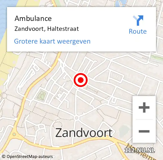 Locatie op kaart van de 112 melding: Ambulance Zandvoort, Haltestraat op 3 mei 2022 13:35