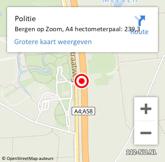 Locatie op kaart van de 112 melding: Politie Bergen op Zoom, A4 hectometerpaal: 239,3 op 3 mei 2022 15:08