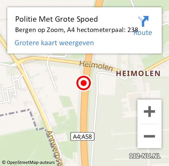 Locatie op kaart van de 112 melding: Politie Met Grote Spoed Naar Bergen op Zoom, A4 hectometerpaal: 238 op 3 mei 2022 15:09