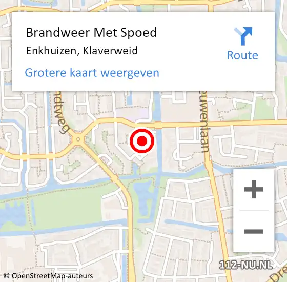 Locatie op kaart van de 112 melding: Brandweer Met Spoed Naar Enkhuizen, Klaverweid op 3 mei 2022 17:07