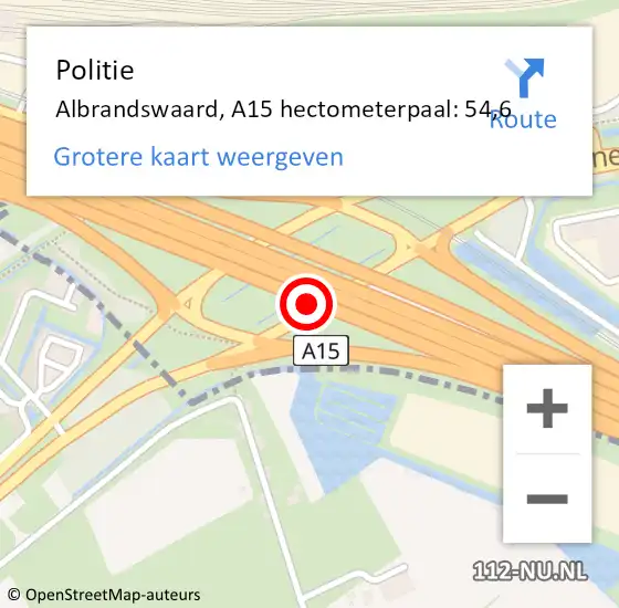 Locatie op kaart van de 112 melding: Politie Albrandswaard, A15 hectometerpaal: 54,6 op 3 mei 2022 17:43