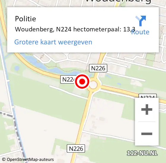 Locatie op kaart van de 112 melding: Politie Woudenberg, N224 hectometerpaal: 13,3 op 3 mei 2022 18:53