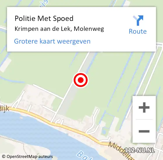 Locatie op kaart van de 112 melding: Politie Met Spoed Naar Krimpen aan de Lek, Molenweg op 3 mei 2022 19:46