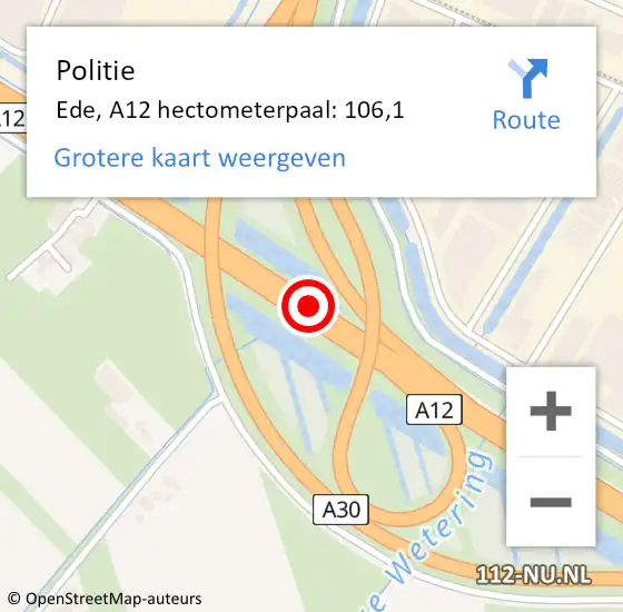 Locatie op kaart van de 112 melding: Politie Heumen, A12 hectometerpaal: 106,1 op 3 mei 2022 21:59