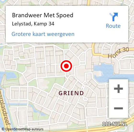 Locatie op kaart van de 112 melding: Brandweer Met Spoed Naar Lelystad, Kamp 34 op 4 mei 2022 04:47