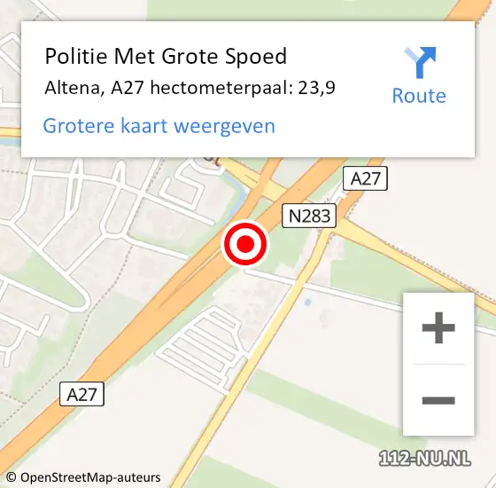 Locatie op kaart van de 112 melding: Politie Met Grote Spoed Naar Altena, A27 hectometerpaal: 23,9 op 4 mei 2022 05:39