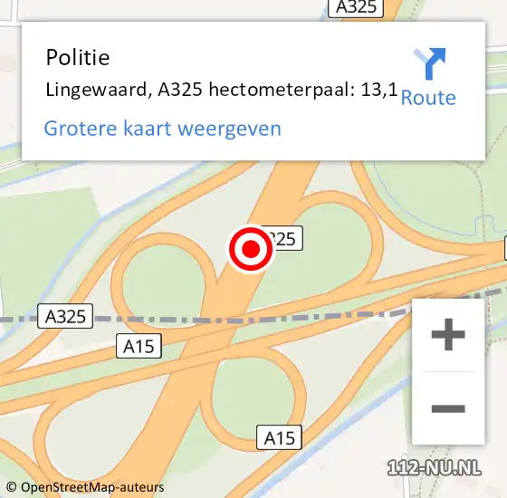 Locatie op kaart van de 112 melding: Politie Lingewaard, A325 hectometerpaal: 13,1 op 4 mei 2022 08:06