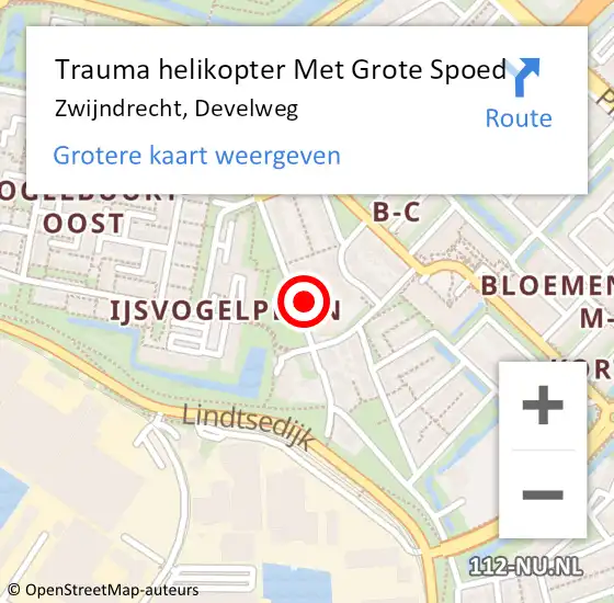 Locatie op kaart van de 112 melding: Trauma helikopter Met Grote Spoed Naar Zwijndrecht, Develweg op 4 mei 2022 11:47