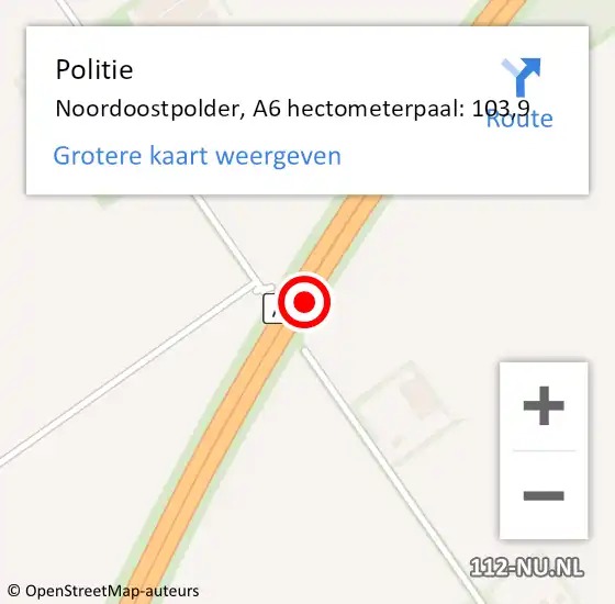 Locatie op kaart van de 112 melding: Politie Noordoostpolder, A6 hectometerpaal: 103,9 op 4 mei 2022 12:13