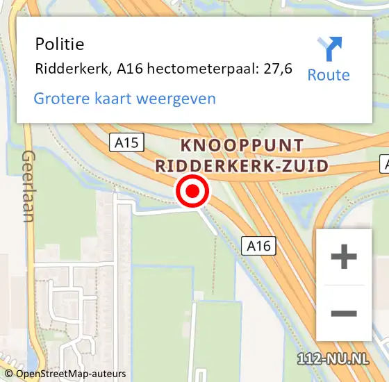 Locatie op kaart van de 112 melding: Politie Ridderkerk, A16 hectometerpaal: 27,6 op 4 mei 2022 12:46