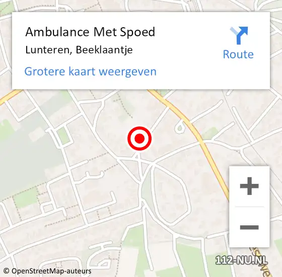 Locatie op kaart van de 112 melding: Ambulance Met Spoed Naar Lunteren, Beeklaantje op 4 mei 2022 15:19