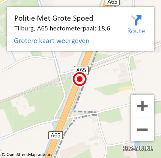 Locatie op kaart van de 112 melding: Politie Met Grote Spoed Naar Tilburg, A65 hectometerpaal: 18,6 op 4 mei 2022 17:01