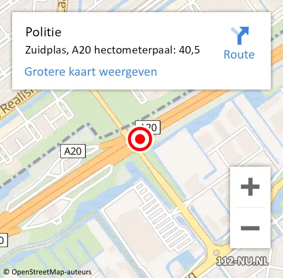 Locatie op kaart van de 112 melding: Politie Zuidplas, A20 hectometerpaal: 40,5 op 4 mei 2022 17:24