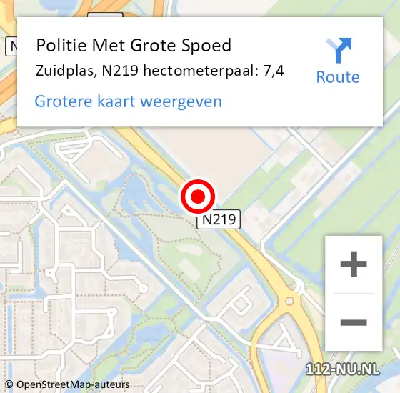 Locatie op kaart van de 112 melding: Politie Met Grote Spoed Naar Zuidplas, N219 hectometerpaal: 7,4 op 4 mei 2022 18:07