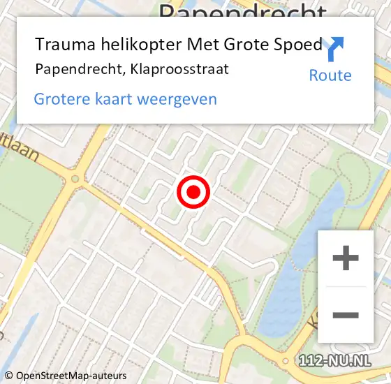 Locatie op kaart van de 112 melding: Trauma helikopter Met Grote Spoed Naar Papendrecht, Klaproosstraat op 4 mei 2022 18:41