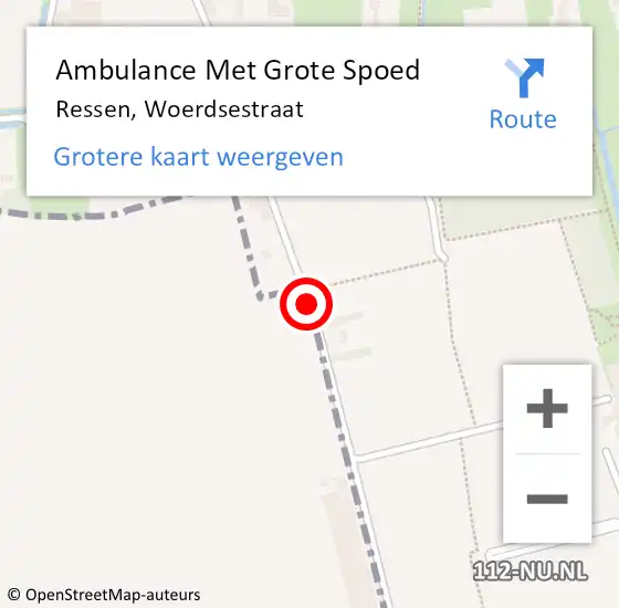 Locatie op kaart van de 112 melding: Ambulance Met Grote Spoed Naar Ressen, Woerdsestraat op 4 mei 2022 19:04