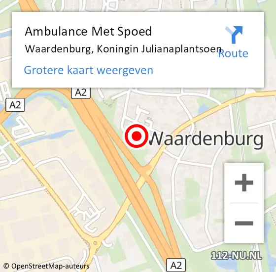 Locatie op kaart van de 112 melding: Ambulance Met Spoed Naar Waardenburg, Koningin Julianaplantsoen op 4 mei 2022 20:57