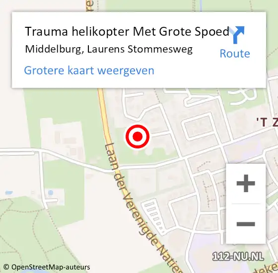 Locatie op kaart van de 112 melding: Trauma helikopter Met Grote Spoed Naar Middelburg, Laurens Stommesweg op 4 mei 2022 21:08