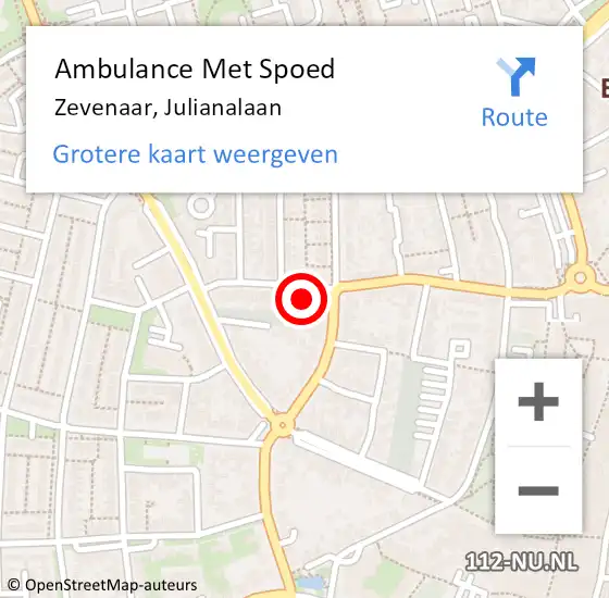 Locatie op kaart van de 112 melding: Ambulance Met Spoed Naar Zevenaar, Julianalaan op 4 mei 2022 23:01