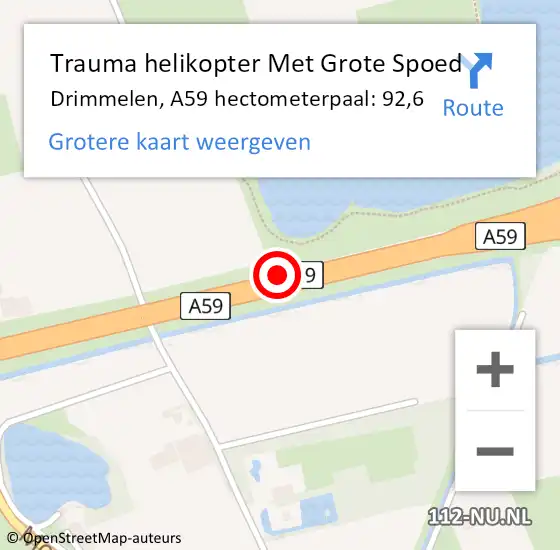 Locatie op kaart van de 112 melding: Trauma helikopter Met Grote Spoed Naar Drimmelen, A59 hectometerpaal: 92,6 op 4 mei 2022 23:09