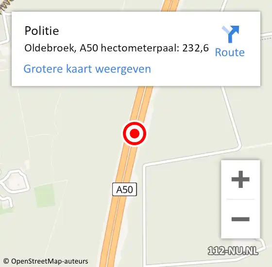 Locatie op kaart van de 112 melding: Politie Oldebroek, A50 hectometerpaal: 232,6 op 5 mei 2022 05:40