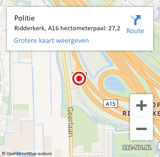 Locatie op kaart van de 112 melding: Politie Ridderkerk, A16 hectometerpaal: 27,2 op 5 mei 2022 10:12