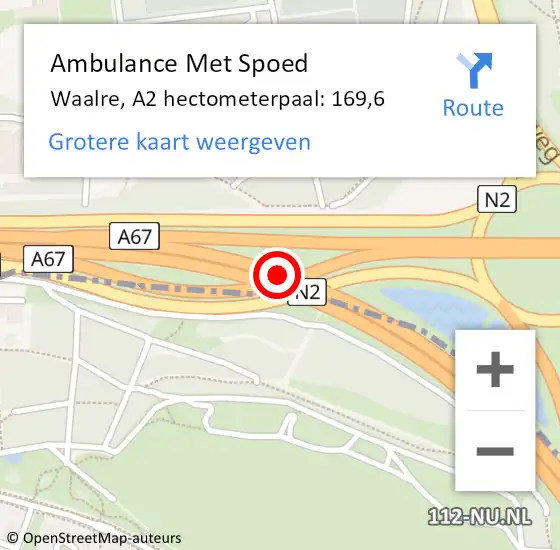 Locatie op kaart van de 112 melding: Ambulance Met Spoed Naar Waalre, A2 hectometerpaal: 169,6 op 5 mei 2022 11:00