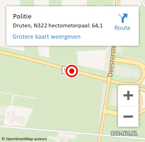 Locatie op kaart van de 112 melding: Politie Druten, N322 hectometerpaal: 64,1 op 5 mei 2022 11:26
