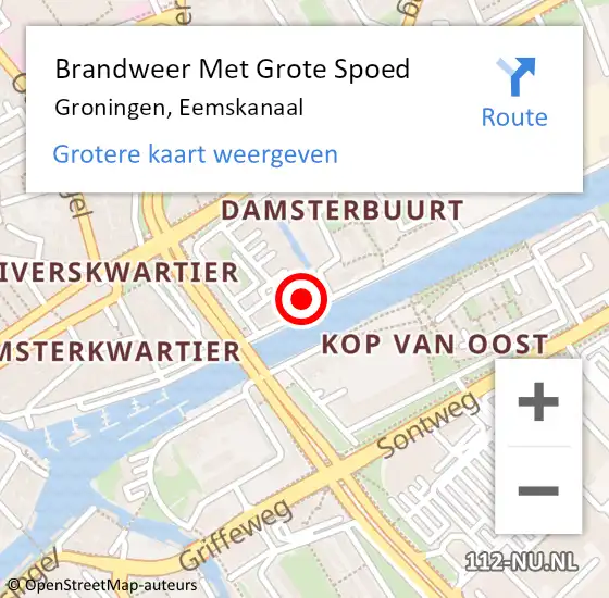 Locatie op kaart van de 112 melding: Brandweer Met Grote Spoed Naar Groningen, Eemskanaal op 5 mei 2022 12:52