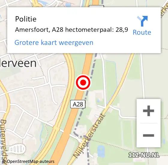 Locatie op kaart van de 112 melding: Politie Amersfoort, A28 hectometerpaal: 28,9 op 5 mei 2022 13:29