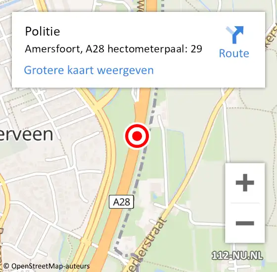 Locatie op kaart van de 112 melding: Politie Amersfoort, A28 hectometerpaal: 29 op 5 mei 2022 13:34