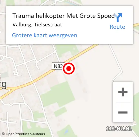 Locatie op kaart van de 112 melding: Trauma helikopter Met Grote Spoed Naar Valburg, Tielsestraat op 5 mei 2022 13:43